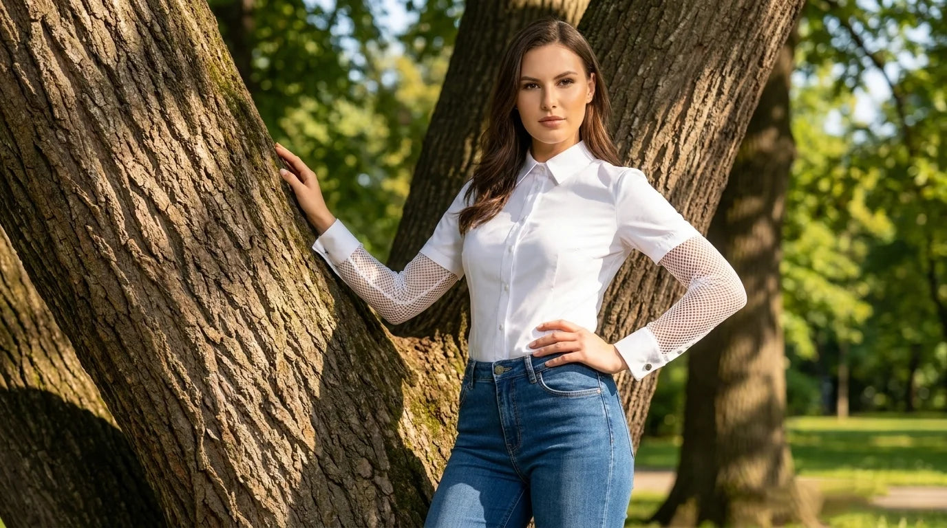 Mesh-Sleeve Button-Up Shirt