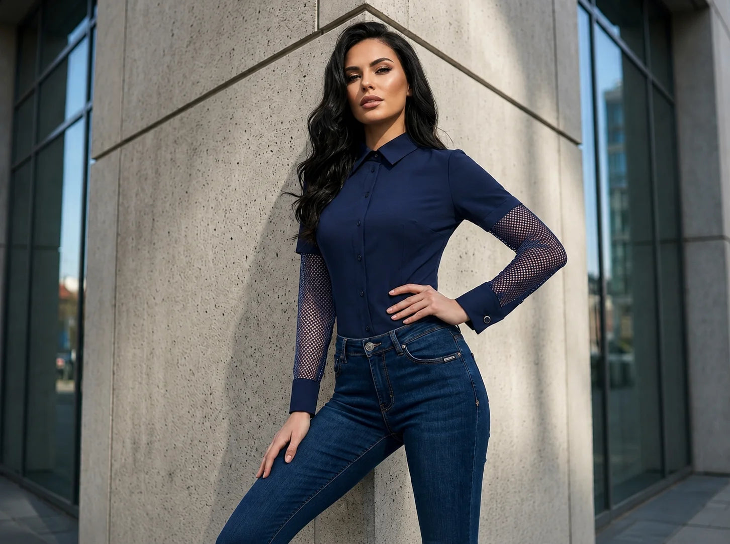 Mesh-Sleeve Button-Up Shirt