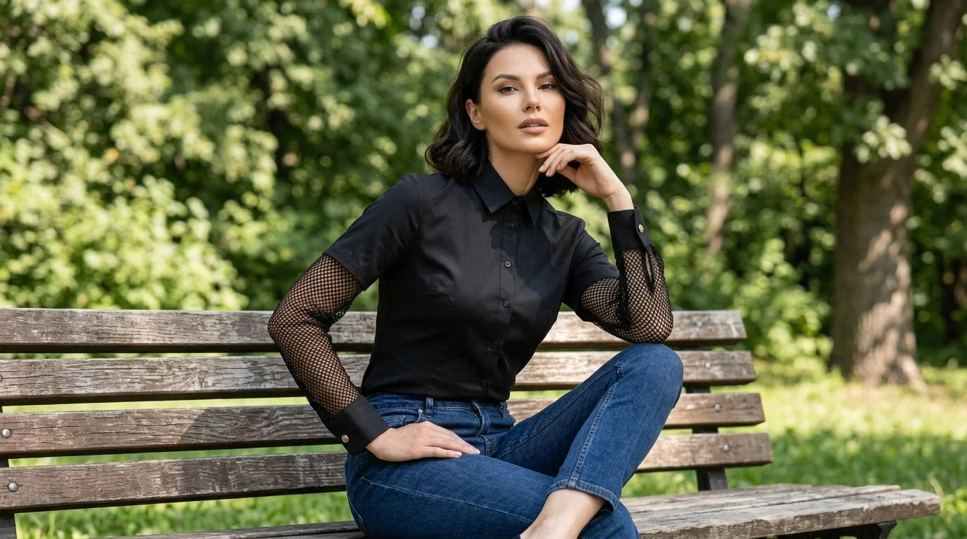 Mesh-Sleeve Button-Up Shirt