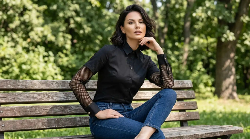 Mesh-Sleeve Button-Up Shirt Magracia