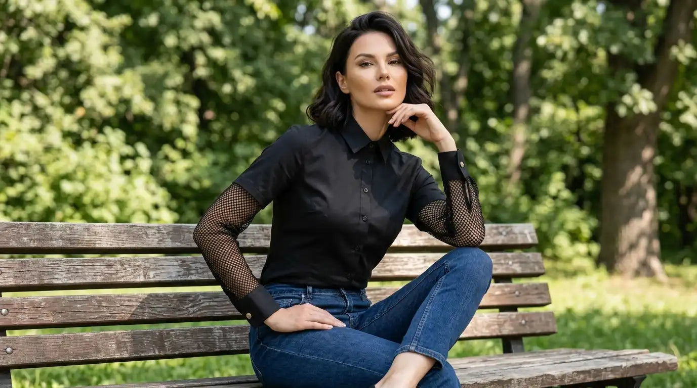Mesh-Sleeve Button-Up Shirt Magracia